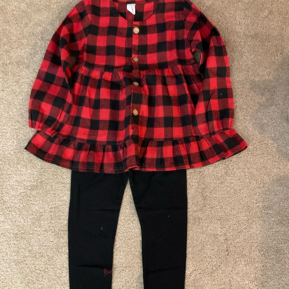 Red and Black Plaid Button-Up Dress with Black Leggings